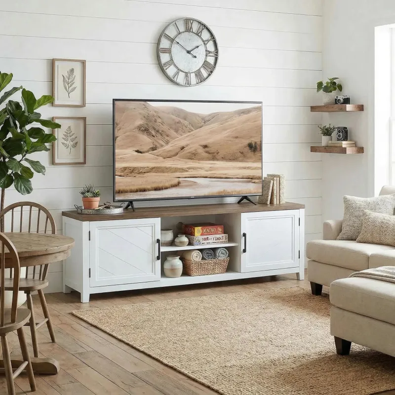 Mueble TV 140 cm, mueble para televisor de hasta 106,68 cm con 2 puertas, 2 compartimentos abiertos, blanco y ma... - Ogal.Es