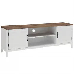 Mueble TV 140 cm, mueble para televisor de hasta 106,68 cm con 2 puertas, 2 compartimentos abiertos, blanco y ma... - Ogal.Es