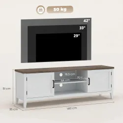 Mueble TV 140 cm, mueble para televisor de hasta 106,68 cm con 2 puertas, 2 compartimentos abiertos, blanco y ma... - Ogal.Es
