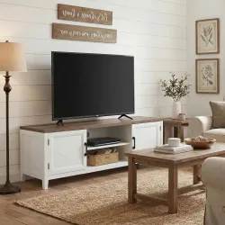 Mueble TV 140 cm, mueble para televisor de hasta 106,68 cm con 2 puertas, 2 compartimentos abiertos, blanco y ma... - Ogal.Es