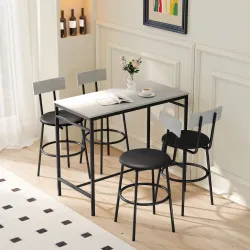 Juego de Mesa Alta de Bar y 4 Taburetes Asientos Tapizados en PU con Respaldo y Reposapiés Gris Claro - Ogal.Es