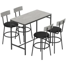 Juego de Mesa Alta de Bar y 4 Taburetes Asientos Tapizados en PU con Respaldo y Reposapiés Gris Claro - Ogal.Es