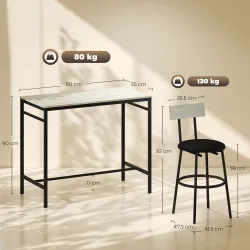 Juego de Mesa Alta de Bar y 4 Taburetes Asientos Tapizados en PU con Respaldo y Reposapiés Gris Claro - Ogal.Es