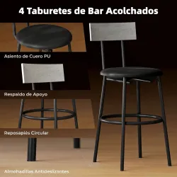 Juego de Mesa Alta de Bar y 4 Taburetes Asientos Tapizados en PU con Respaldo y Reposapiés Gris Claro - Ogal.Es