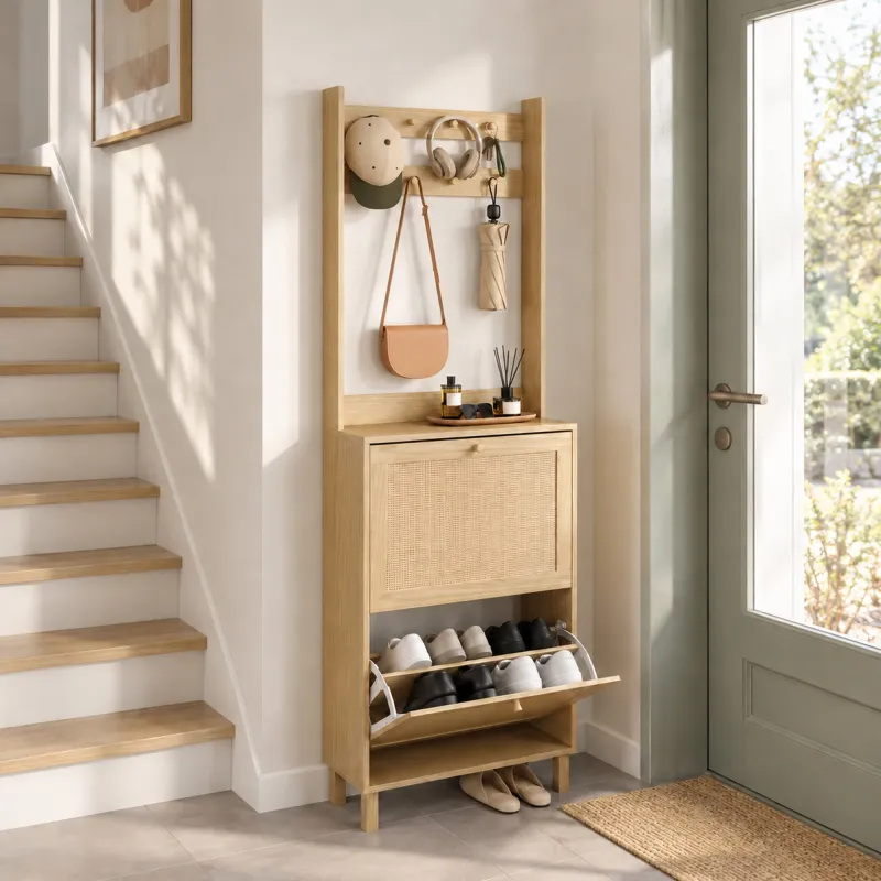 Perchero Zapatero con 2 Cajones Abatibles con Puertas de Ratán 8 Ganchos Estante Superior y Marco de Madera Natural - Ogal.Es
