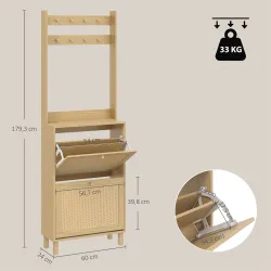 Perchero Zapatero con 2 Cajones Abatibles con Puertas de Ratán 8 Ganchos Estante Superior y Marco de Madera Natural - Ogal.Es