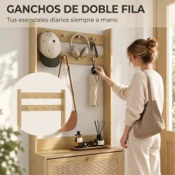 Perchero Zapatero con 2 Cajones Abatibles con Puertas de Ratán 8 Ganchos Estante Superior y Marco de Madera Natural - Ogal.Es