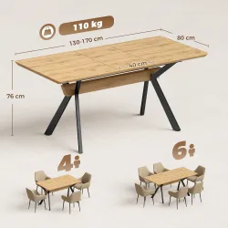 Mesa de Comedor Extensible 4-6 Personas Mesa de Cocina 130-170x80x76 cm Roble y Negro - Ogal.Es