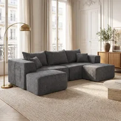Sofá Modular en U de 3 Plazas con 2 Otomanas Bolsillos Sofá de Chenilla con Asiento Ancho No Requiere Montaje Gris - Ogal.Es