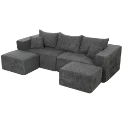 Sofá Modular en U de 3 Plazas con 2 Otomanas Bolsillos Sofá de Chenilla con Asiento Ancho No Requiere Montaje Gris - Ogal.Es