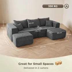 Sofá Modular en U de 3 Plazas con 2 Otomanas Bolsillos Sofá de Chenilla con Asiento Ancho No Requiere Montaje Gris - Ogal.Es