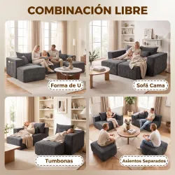 Sofá Modular en U de 3 Plazas con 2 Otomanas Bolsillos Sofá de Chenilla con Asiento Ancho No Requiere Montaje Gris - Ogal.Es