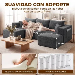 Sofá Modular en U de 3 Plazas con 2 Otomanas Bolsillos Sofá de Chenilla con Asiento Ancho No Requiere Montaje Gris - Ogal.Es
