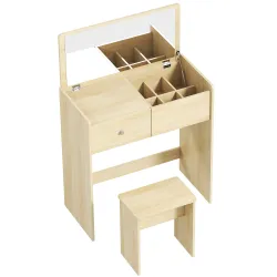 Tocador con Espejo Abatible y Taburete Mesa de Maquillaje con Cajón y 6 Compartimentos 81x40x117 cm Roble - Ogal.Es