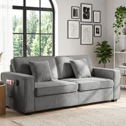 Sofá de 3 Plazas Tapizado en Chenilla con Bolsillos 2 Almohadas Reposabrazos Cojín de Muelles 210x78,5x86,5 cm Gris - Ogal.Es