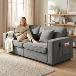 Sofá de 3 Plazas Tapizado en Chenilla con Bolsillos 2 Almohadas Reposabrazos Cojín de Muelles 210x78,5x86,5 cm Gris - Ogal.Es
