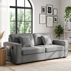Sofá de 3 Plazas Tapizado en Chenilla con Bolsillos 2 Almohadas Reposabrazos Cojín de Muelles 210x78,5x86,5 cm Gris - Ogal.Es