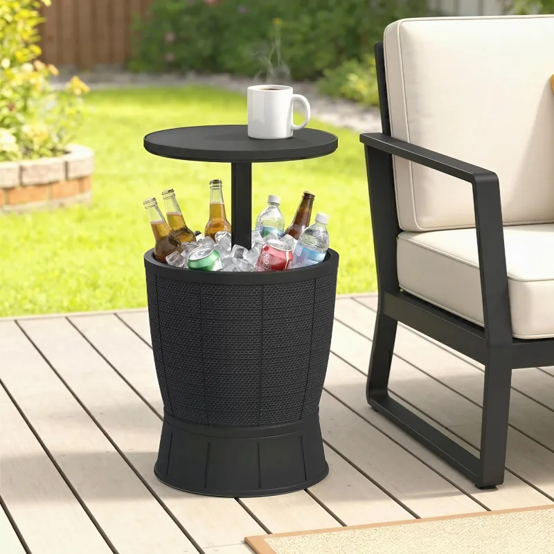 Mesa Nevera para Exterior 41 L 3 en 1 Cool Bar Mesa Auxiliar con Altura Ajustable Cubo de Hielo Tapa Elevable Negro - Ogal.Es