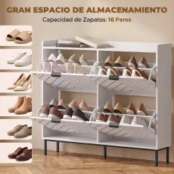 Zapatero Estrecho con 4 Cajones Abatibles y Divisores Ajustables para 8-16 Pares Blanco - Ogal.Es
