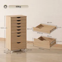 Cajonera Escritorio con 8 Cajones Ruedas Cajonera de Oficina Soporte para Impresora Roble - Ogal.Es