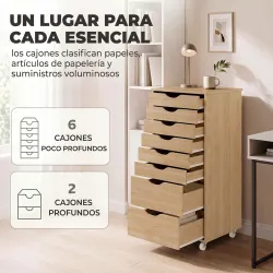 Cajonera Escritorio con 8 Cajones Ruedas Cajonera de Oficina Soporte para Impresora Roble - Ogal.Es