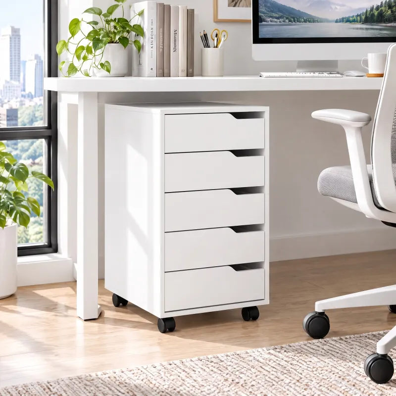 Cajonera Escritorio con 5 Cajones Ruedas Cajonera de Oficina Soporte para Impresora Blanco - Ogal.Es