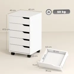 Cajonera Escritorio con 5 Cajones Ruedas Cajonera de Oficina Soporte para Impresora Blanco - Ogal.Es