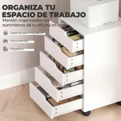 Cajonera Escritorio con 5 Cajones Ruedas Cajonera de Oficina Soporte para Impresora Blanco - Ogal.Es