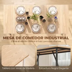 Mesa de Comedor Rectangular para 6 Personas Estilo Industrial con Estructura Metálica 180x80x76 cm Roble - Ogal.Es