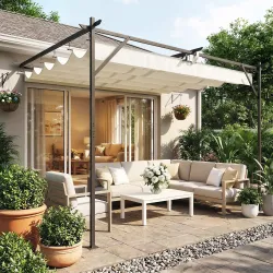 Pérgola de Pared de Jardín 4x3 m con Techo Retráctil Protección UPF30+ Drenaje Cenador de Jardín para Exterior C... - Ogal.Es