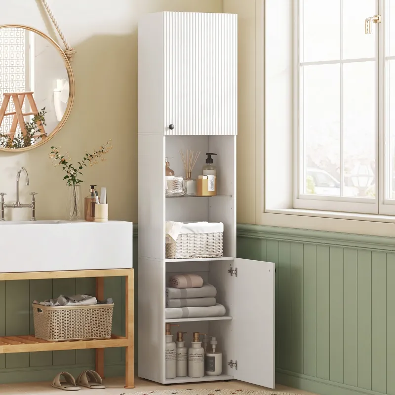 Armario de Baño Alto de 6 Niveles con 2 Puertas Estante de Vidrio Templado Estantes Ajustables 40x31x182 cm Blanco - Ogal.Es