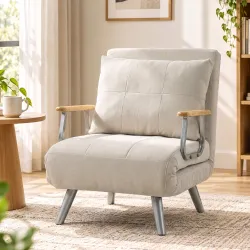 Sillón Cama con Respaldo Ajustable Tapizado en Terciopelo Almohada Reposabrazos de Madera para Salón Dormitorio ... - Ogal.Es