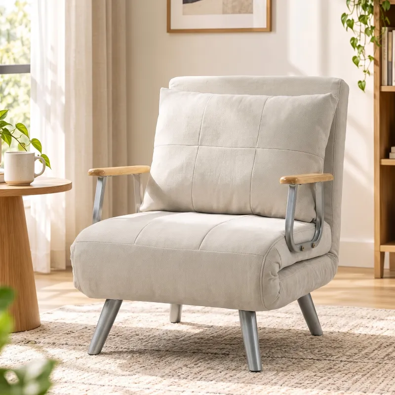Sillón Cama con Respaldo Ajustable Tapizado en Terciopelo Almohada Reposabrazos de Madera para Salón Dormitorio ... - Ogal.Es