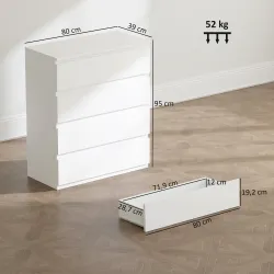 Cómoda con 4 Cajones Cajonera para Dormitorio Moderno Cierre Suave para Salón Vestidor Entrada 80x39x95 cm Blanco - Ogal.Es